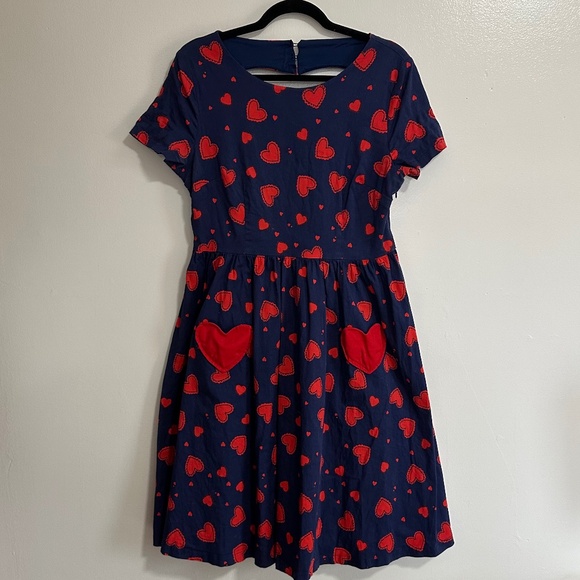 Lindy Bop Retro Short Sleeve Heart Print Swing Dress, Navy & Red, US 14 - Picture 1 of 13